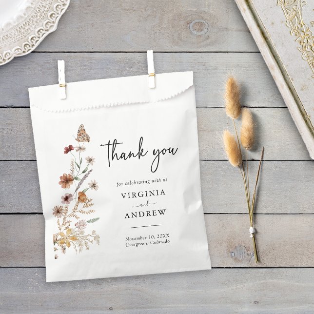 Boho Floral Wedding Favour Bags (White Boho Floral Wedding Favor Thank You Bag with Butterfly by Painted Paperie
)