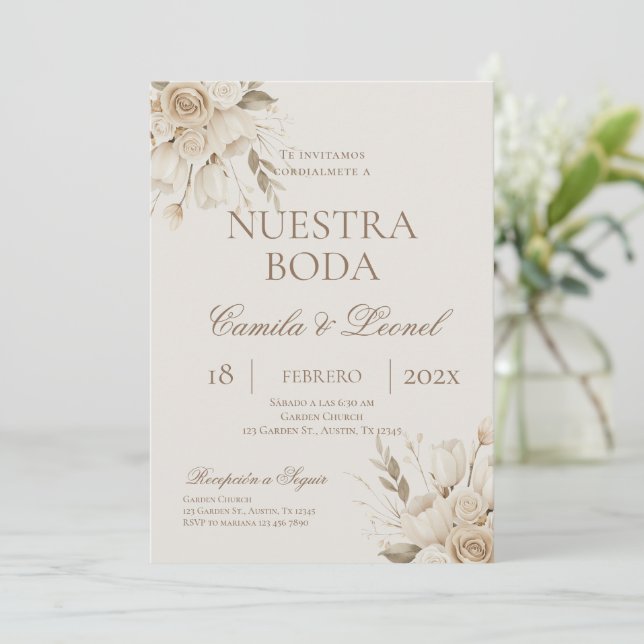 Boho Floral Wedding in Spanish Invitation (Standing Front)