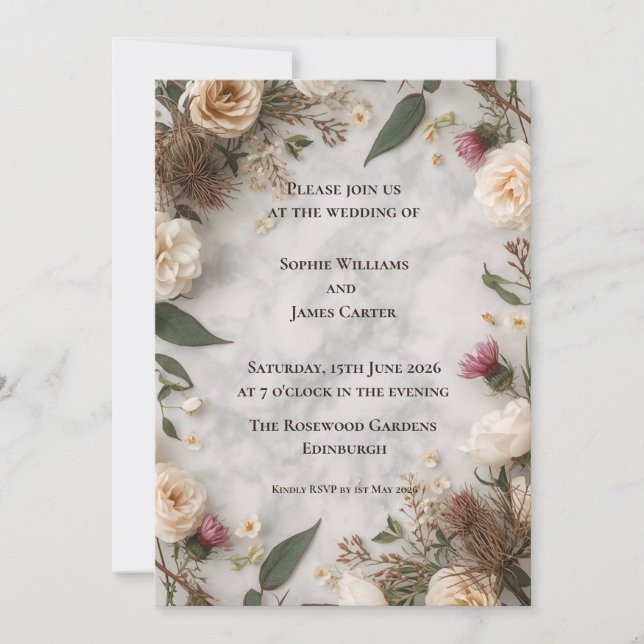 Boho Floral Wedding Invitation | Cream Roses Roman (Front)