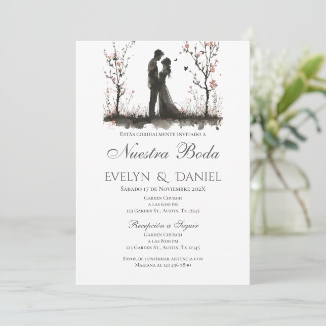 Boho Floral Wedding Invitation in Spanish (Standing Front)