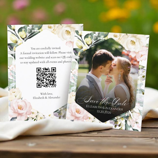 Boho Floral Wedding Photo QR code Save the Dates (Creator Uploaded)
