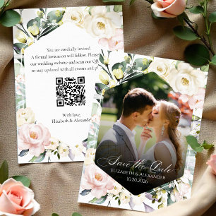 Boho Floral Wedding Photo QR code Save the Dates Invitation