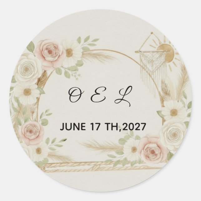 Boho Floral Wedding & Pre-Wedding Classic Round Sticker (Front)