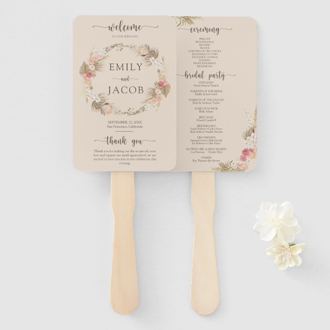 Boho Floral Wedding Program hand Fan (Front and Back)