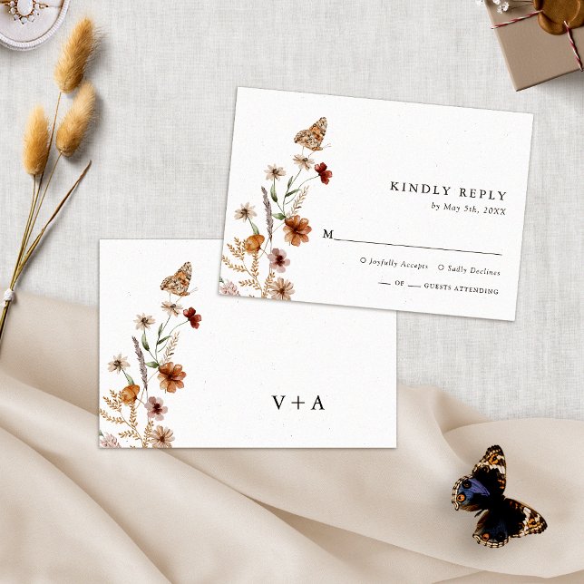 Boho Floral Wedding RSVP Card (White Boho Floral Wedding RSVP Card with Butterfly Monorgram by Painted Paperie
)