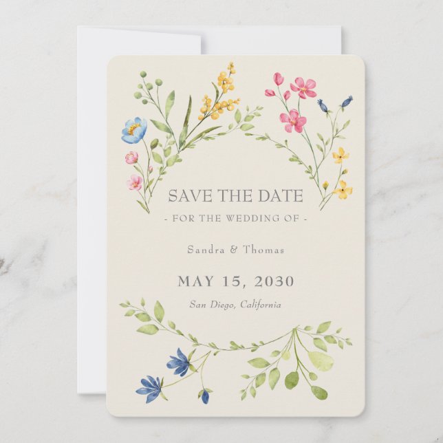 Boho Floral Wedding Save The Date with QR Code (Front)