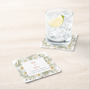 Boho Floral Wedding Square Paper Coaster