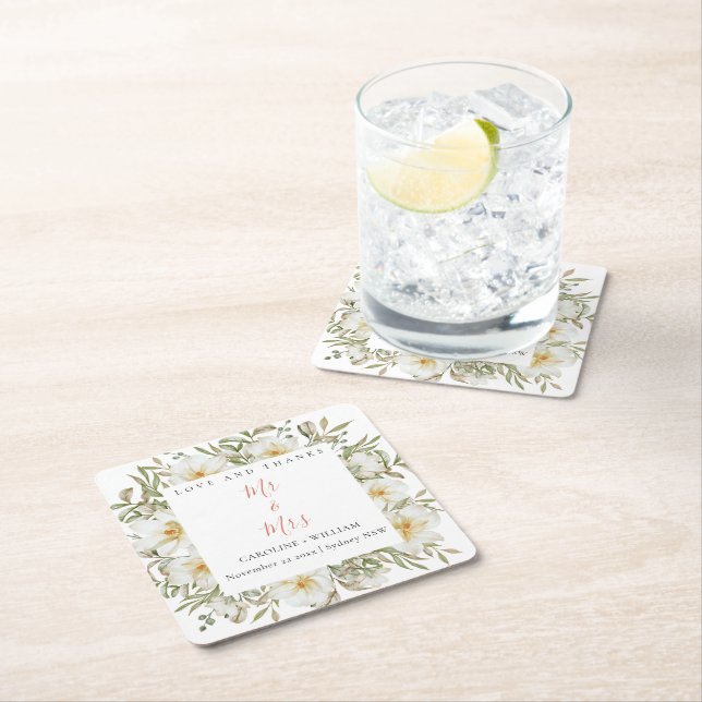 Boho Floral Wedding Square Paper Coaster (Insitu)