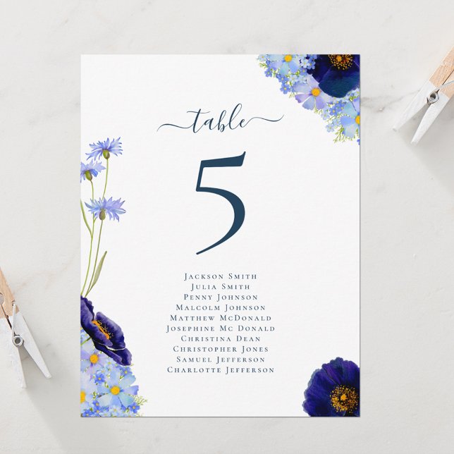 Boho Floral Wedding Table Number Chart (Unique hand painted wildflower watercolor artwork by artist Catherine Sweetman )