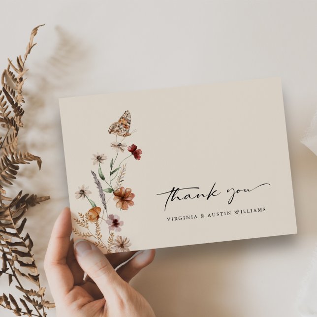 Boho Floral Wedding Thank You Card (Elegant Boho Wildflowers Wedding Invitations by Painted Paperie
)