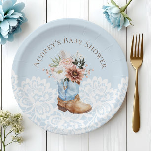 Boho Floral Western Blue Cowboy Boot Baby Shower Paper Plate