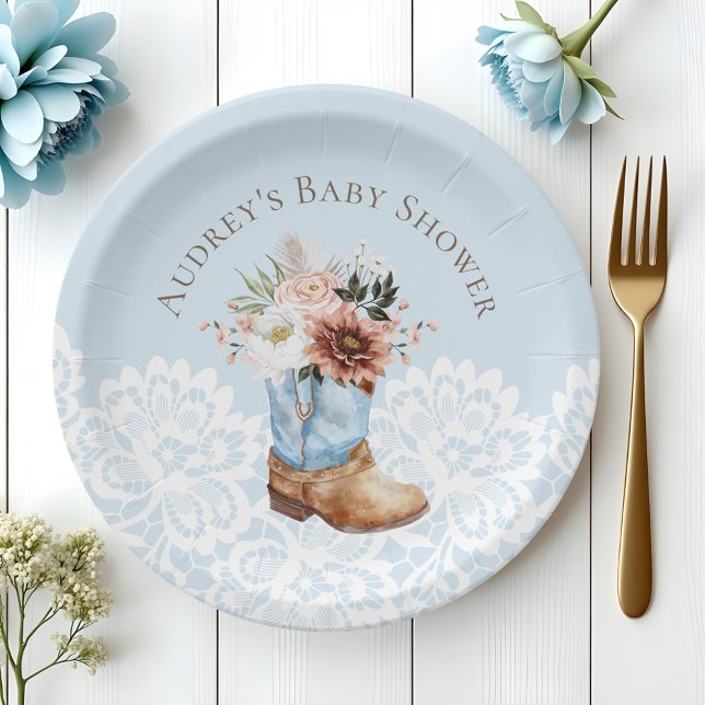 Boho Floral Western Blue Cowboy Boot Baby Shower Paper Plate (Boho Floral Western Blue Cowboy Boot Baby Shower Paper Plates)