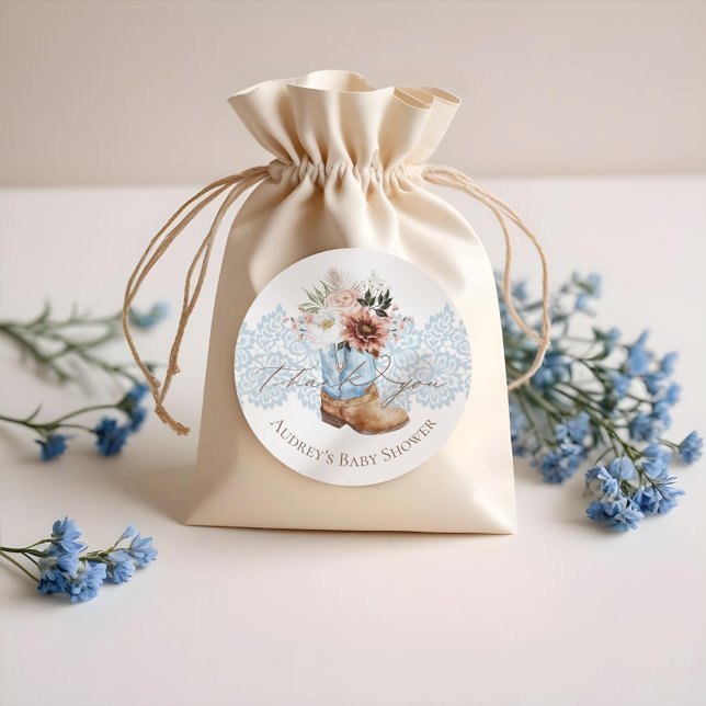 Boho Floral Western Blue Cowboy Boot Thank You Classic Round Sticker (Boho Floral Western Blue Cowboy Boot Thank You Classic Round Sticker)