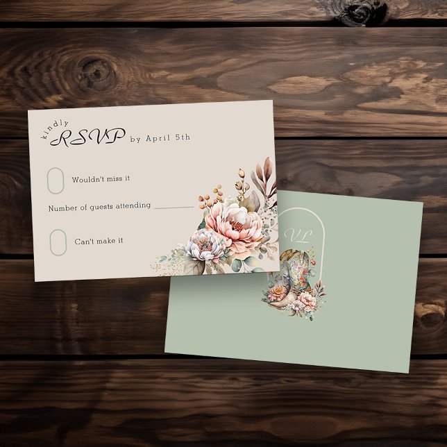 Boho Floral Western Cowgirl Boots Monogrammed RSVP Card (RSVP from my Boho Floral Cowgirl Boots Quinceanera Collection)