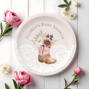 Boho Floral Western Pink Cowgirl Boot Baby Shower Paper Plate