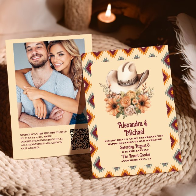 Boho Floral Western Wedding qr code Invitation (Creator Uploaded)