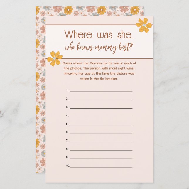 Boho Floral Who Knows Mummy Best Picture Game (Front/Back)