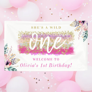 Boho Floral Wild One Girl's First Birthday Party Banner