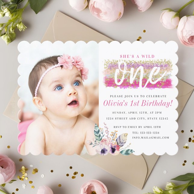 Boho Floral Wild One Girl's First Birthday Photo Invitation (Creator Uploaded)