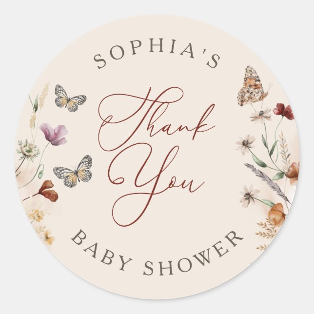 Boho Floral Wildflower Baby Shower Thank You Classic Round Sticker (Front)