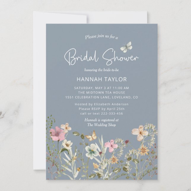 Boho Floral Wildflower Dusty Blue Bridal Shower Invitation (Front)