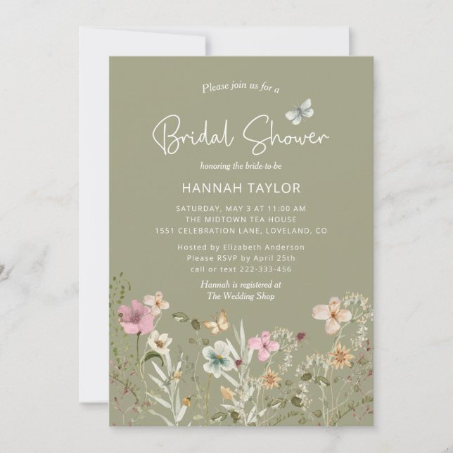 Boho Floral Wildflower Sage Green Bridal Shower Invitation (Front)