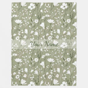 Boho Floral Wildflowers Sage Green Personalised  Fleece Blanket