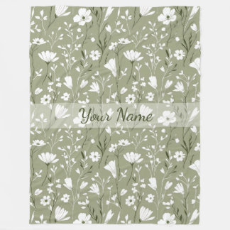 Boho Floral Wildflowers Sage Green Personalised Fleece Blanket