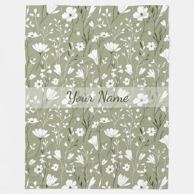 Boho Floral Wildflowers Sage Green Personalized  Fleece Blanket (Front)