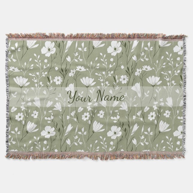 Boho Floral Wildflowers Sage Green Personalized Throw Blanket (Front)