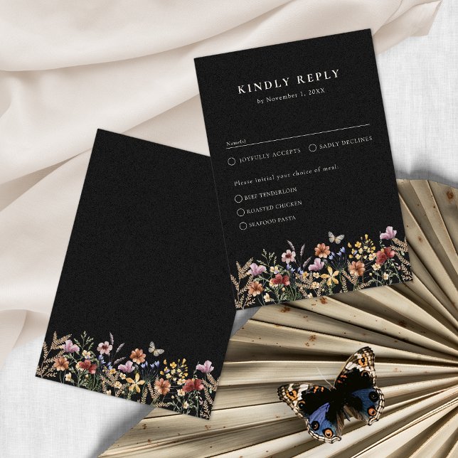 Boho Floral With Meals RSVP Card (Moody Black Boho Floral With Meals RSVP Card by Painted Paperie
)