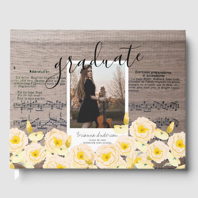 Boho Floral Wood Music Photo Graduation Guest Book (Front)