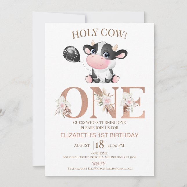 Boho Floral Word Holy Cow 1st Birthday Invitation (Front)