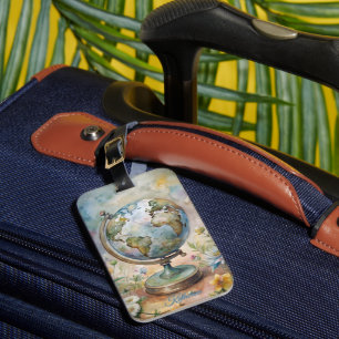 Boho Floral World Globe Script Name Luggage Tag