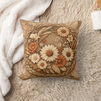 Boho Floral Woven Circle Customizable Throw Pillow
