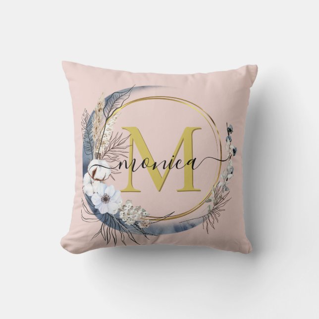 Boho Floral Wreath Blush Pink Monogram Name Cushion (Front)