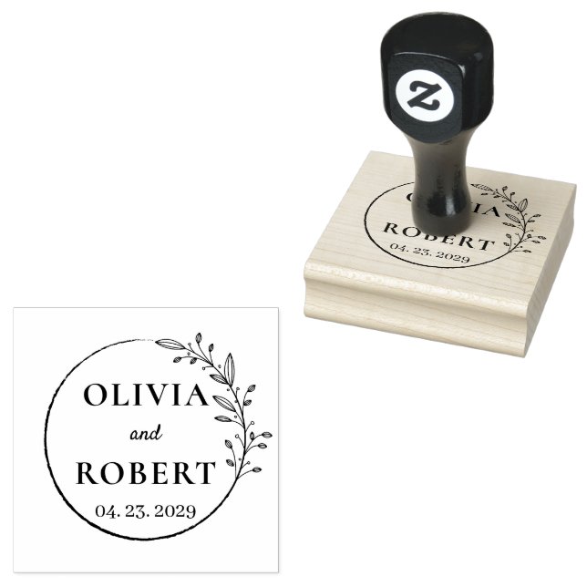 Boho floral wreath botanical wedding monogram logo rubber stamp (Stamped)