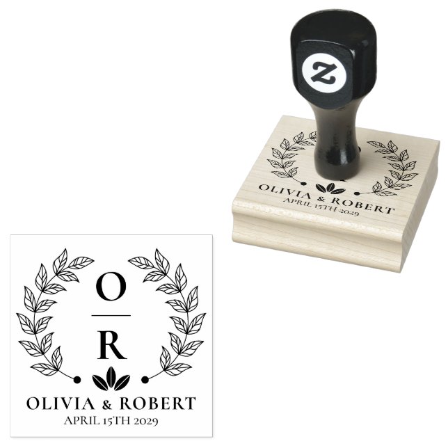 Boho floral wreath botanical wedding monogram logo rubber stamp (Stamped)