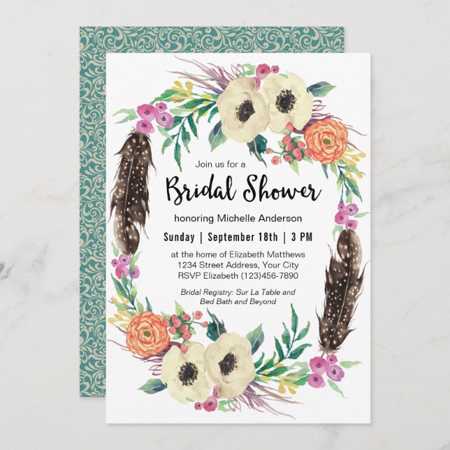 Boho Floral Wreath Bridal Shower Invitation (Front/Back)