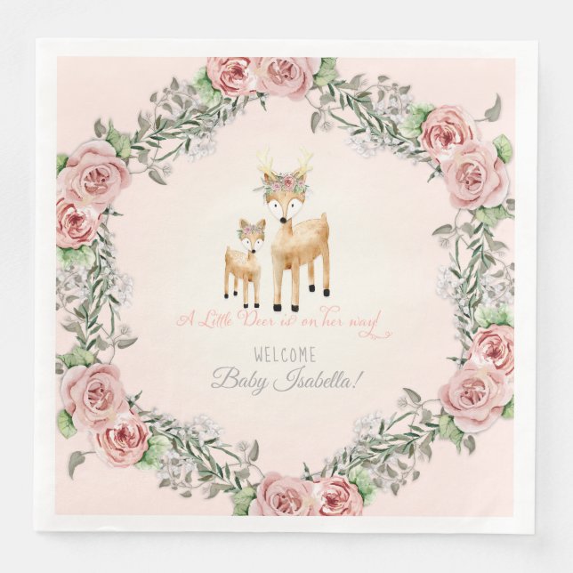 Boho Floral Wreath Deer Antler Baby Girl Shower Napkin (Front)