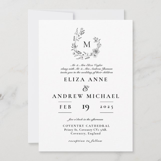 Boho Floral Wreath Monogram Custom Wedding  Invitation (Front)