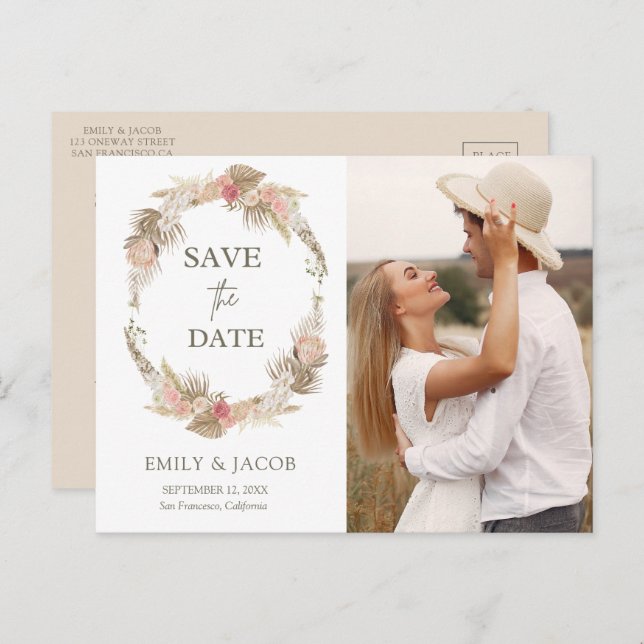 Boho floral wreath Save the date Postcard (Front/Back)