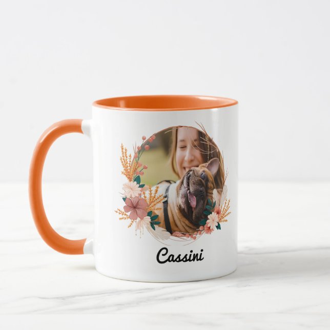 Boho Floral Wreath script Name Dog Photo Mug (Left)
