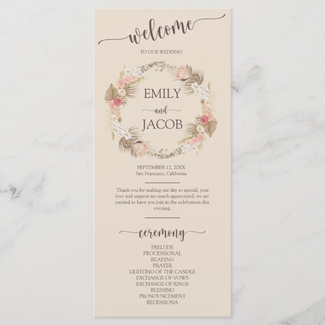 Boho Floral Wreath Script Wedding Flat Program Programme (Front)