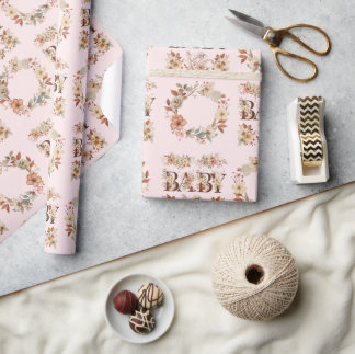 Boho Floral Wreath Watercolor Pink Baby Gift Wrapping Paper