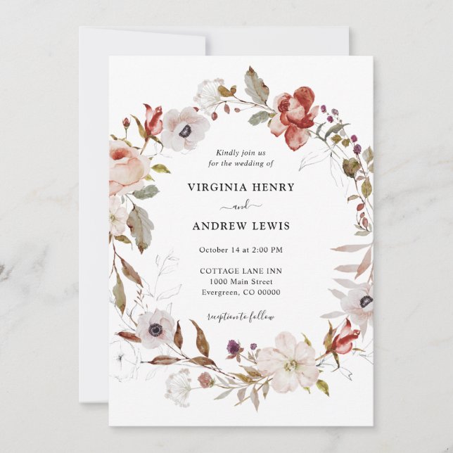 Boho Floral Wreath Wedding Invitation (Front)