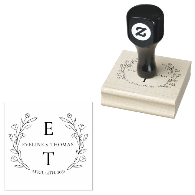 Boho floral wreath wedding monogram logo rubber stamp (Stamped)