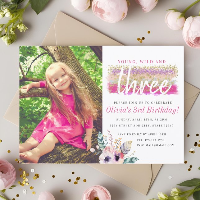 Boho Floral Young Wild and Three Birthday Photo Invitation (Creator Uploaded)