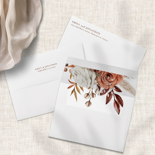Boho Florals Brown Return Name Address Wedding Envelope (Front, back and inside view)