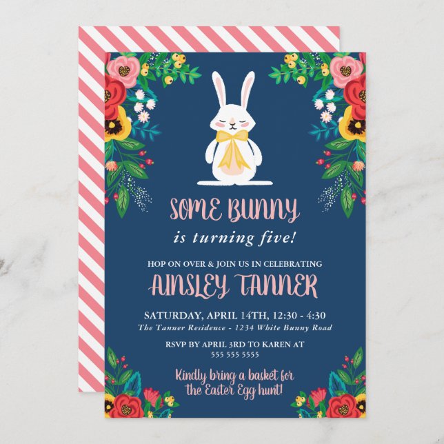 Boho Florals & Bunny | Colourful Kids Birthday Invitation (Front/Back)